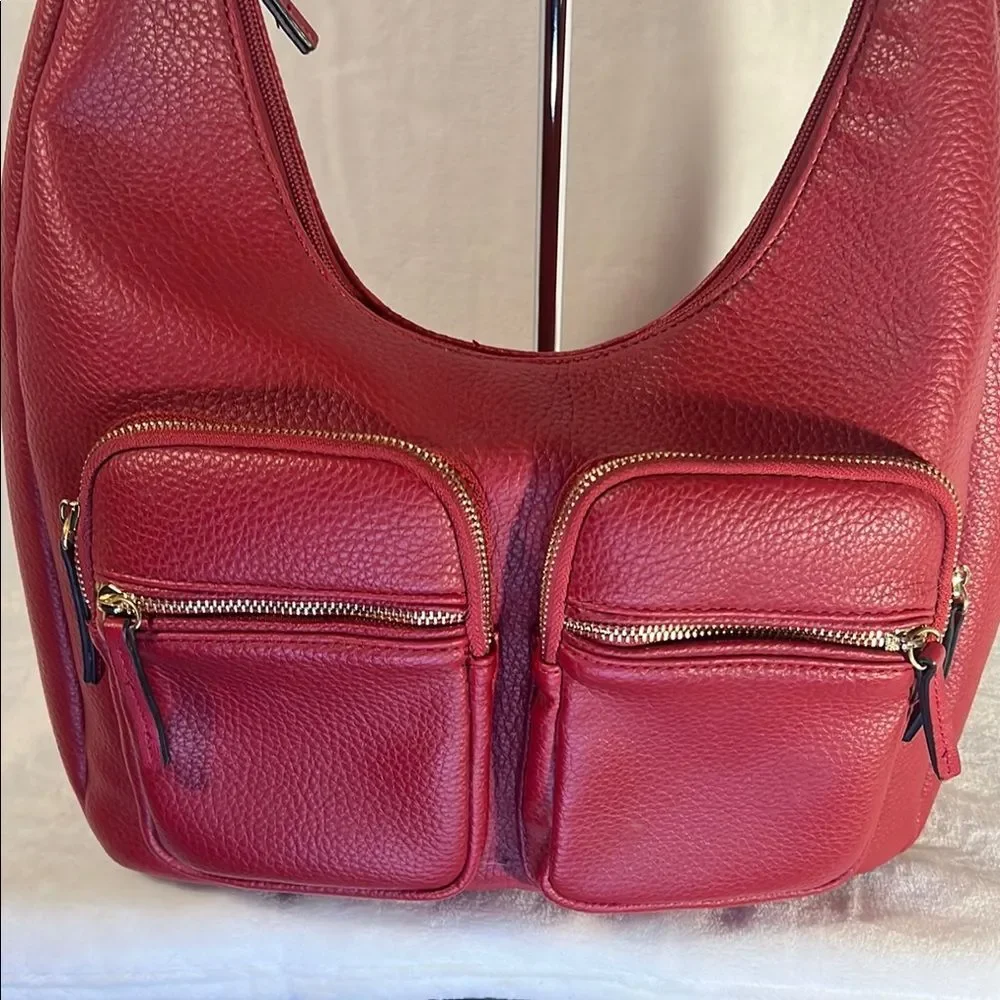 Red Crescent Hobo Bag with Pebbled Faux Leather Finish